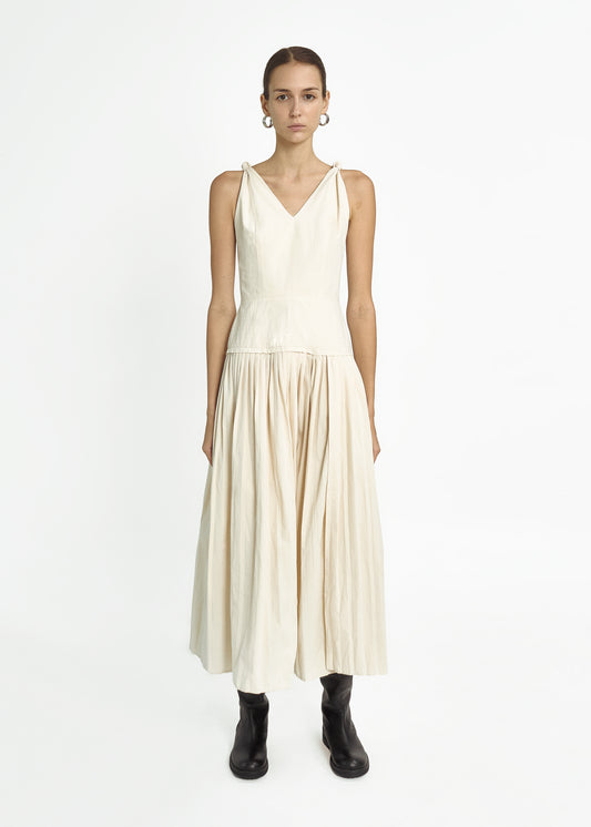 knotted-shoulder-pleated-dress-ivory-MAYNE-STUDIOS -astoud