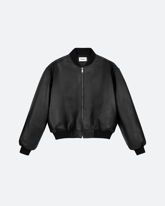 FRAGILE® Black Cropped Leather Bomber Jacket fragile club astoud