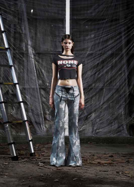 NONE Printed Lace Up Flared Jean Tatichu Astoud