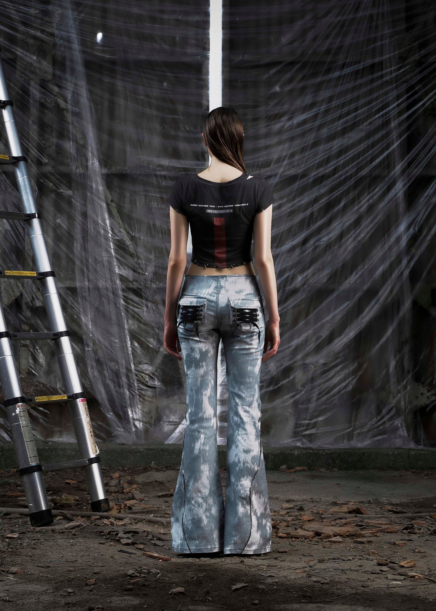 NONE Printed Lace Up Flared Jean Tatichu Astoud