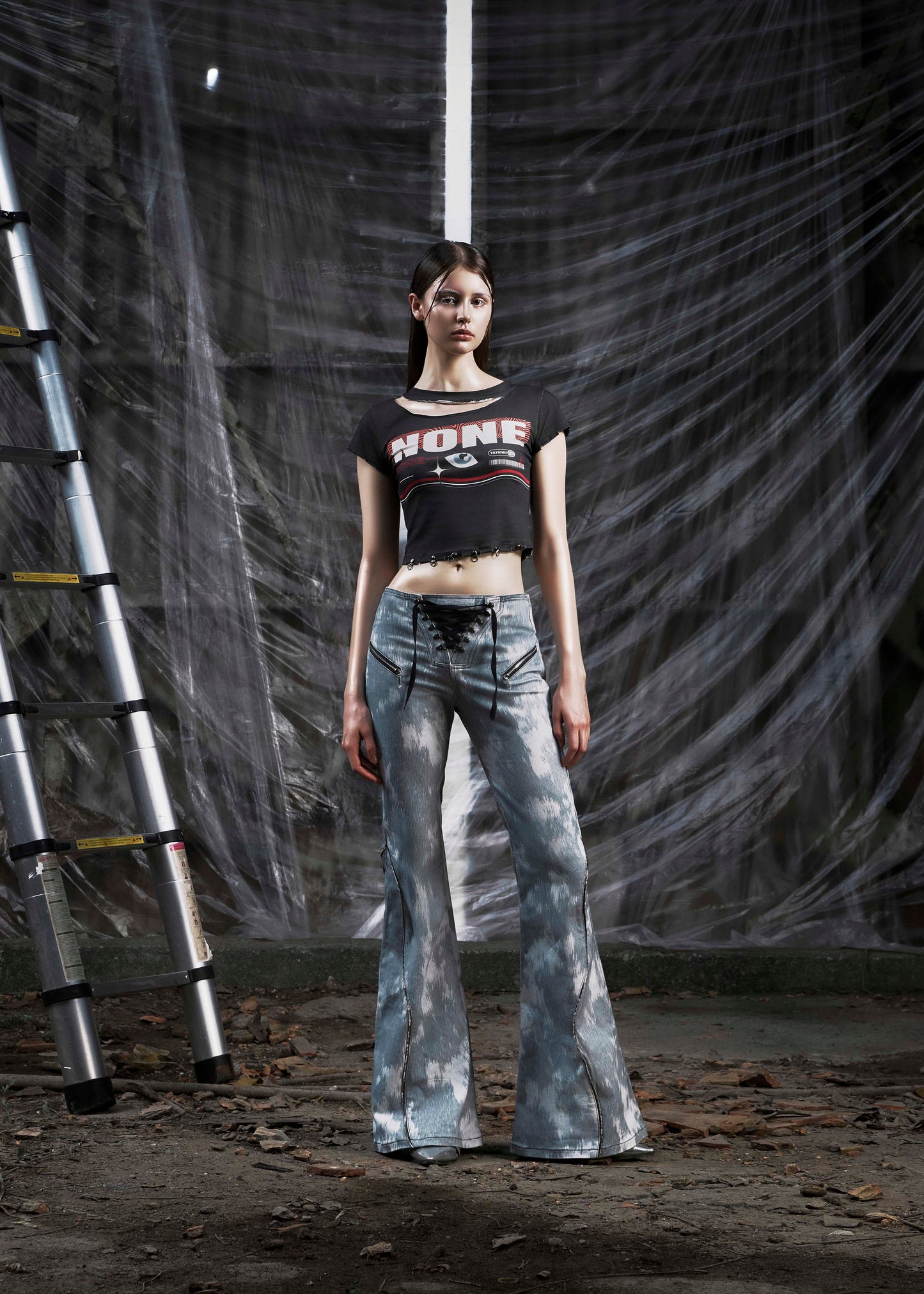 NONE Printed Lace Up Flared Jean Tatichu Astoud