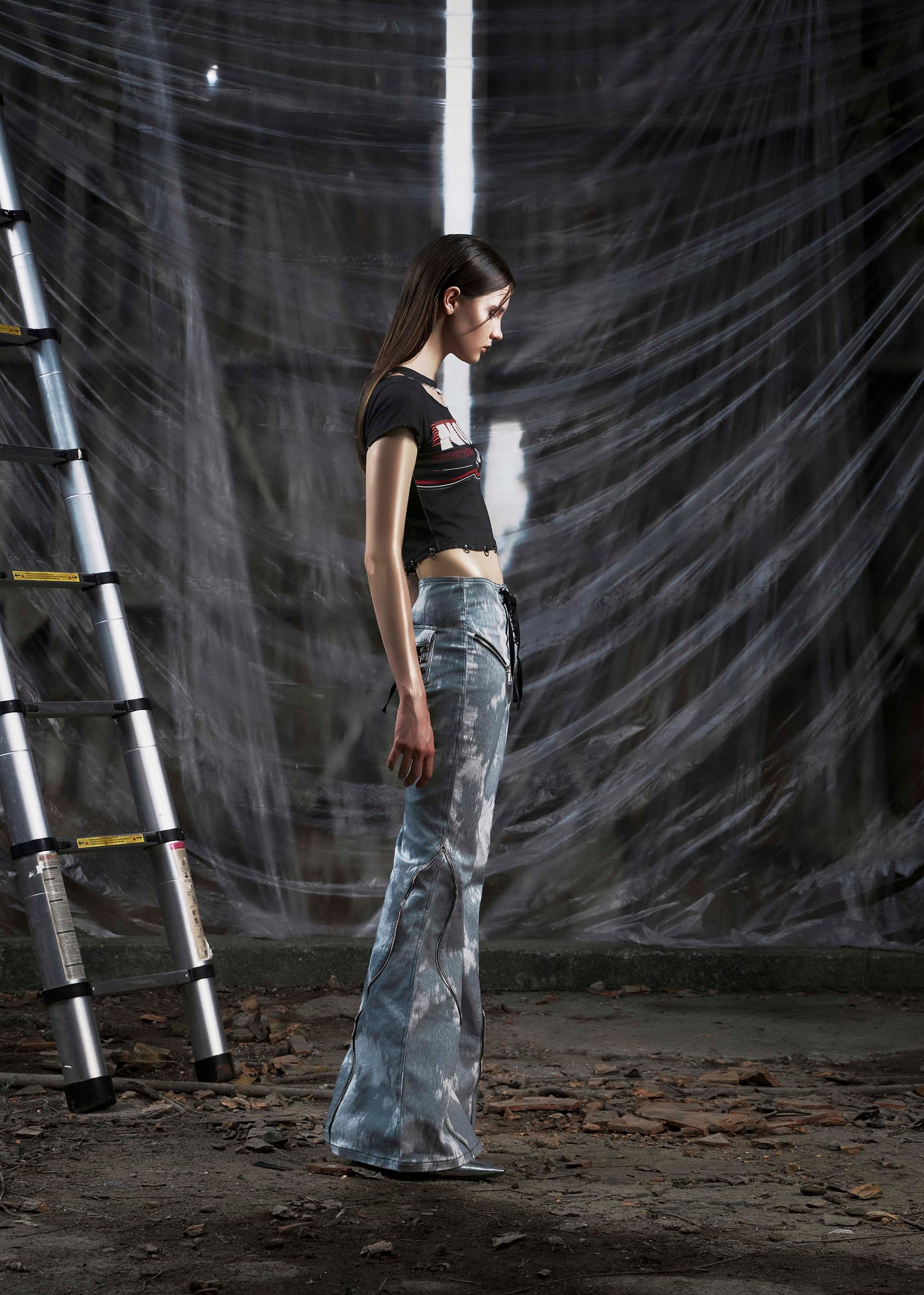 NONE Printed Lace Up Flared Jean Tatichu Astoud