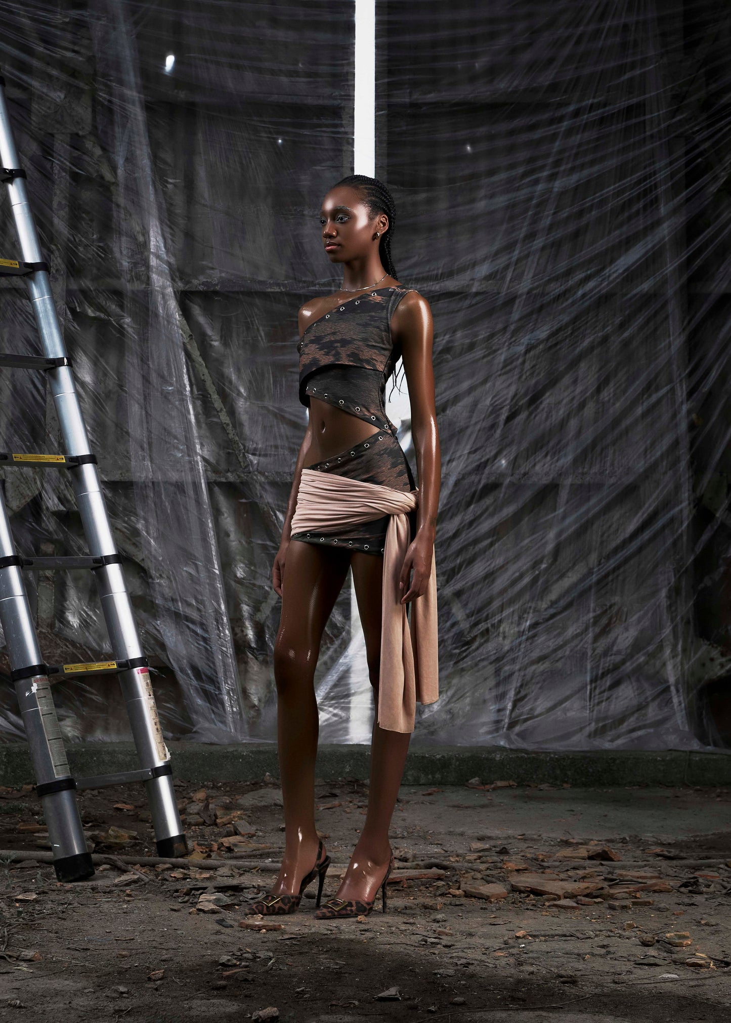 None Brown One Shoulder Cut Out Wrapped Hips Dress