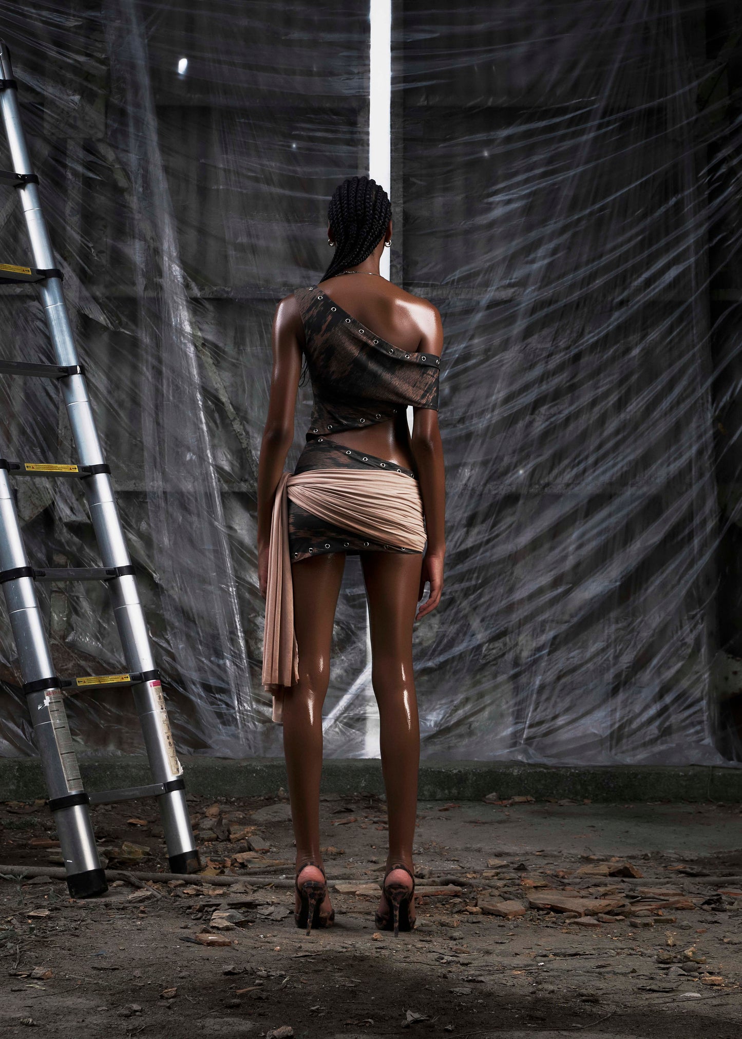 None Brown One Shoulder Cut Out Wrapped Hips Dress