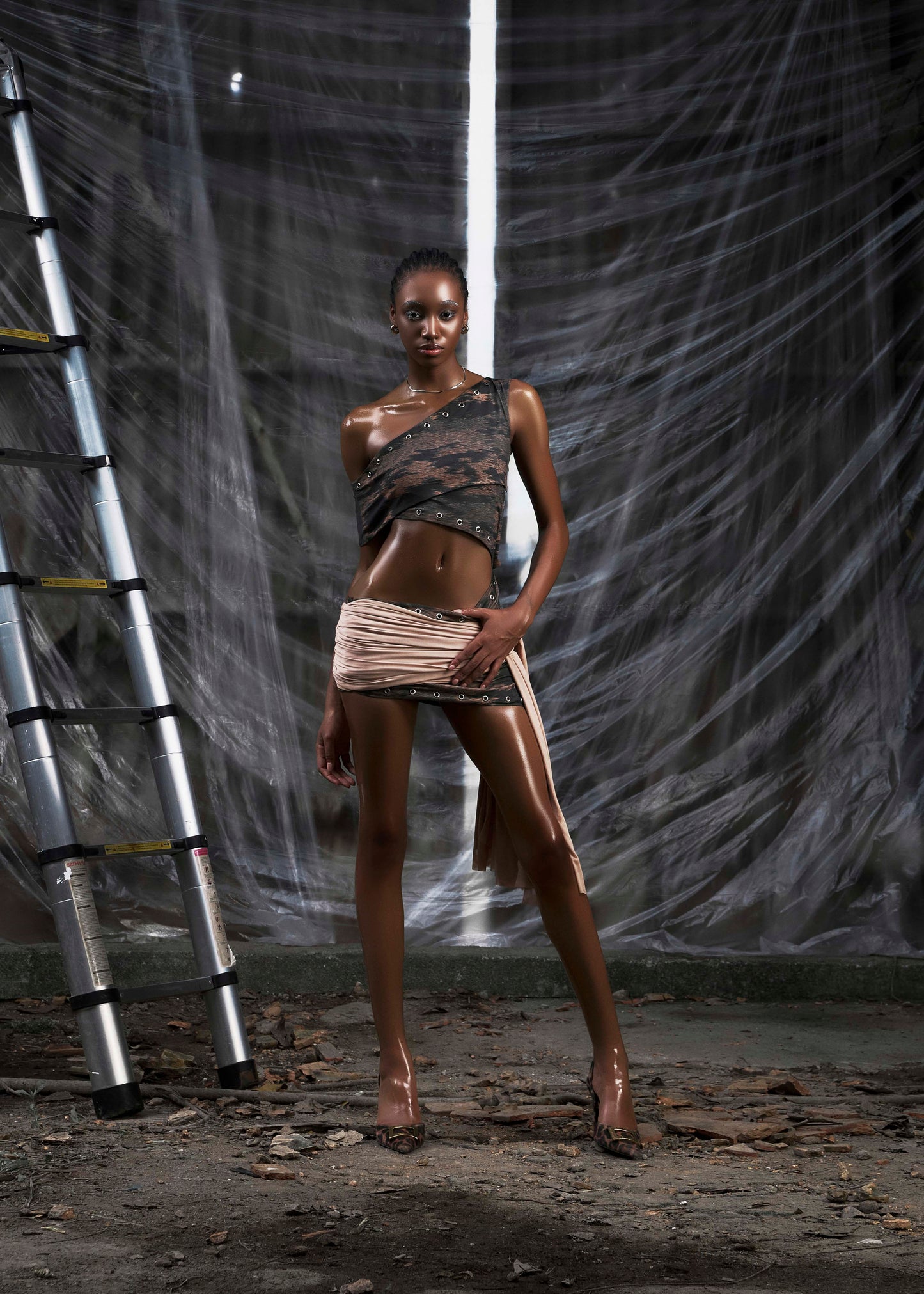 None Brown One Shoulder Cut Out Wrapped Hips Dress