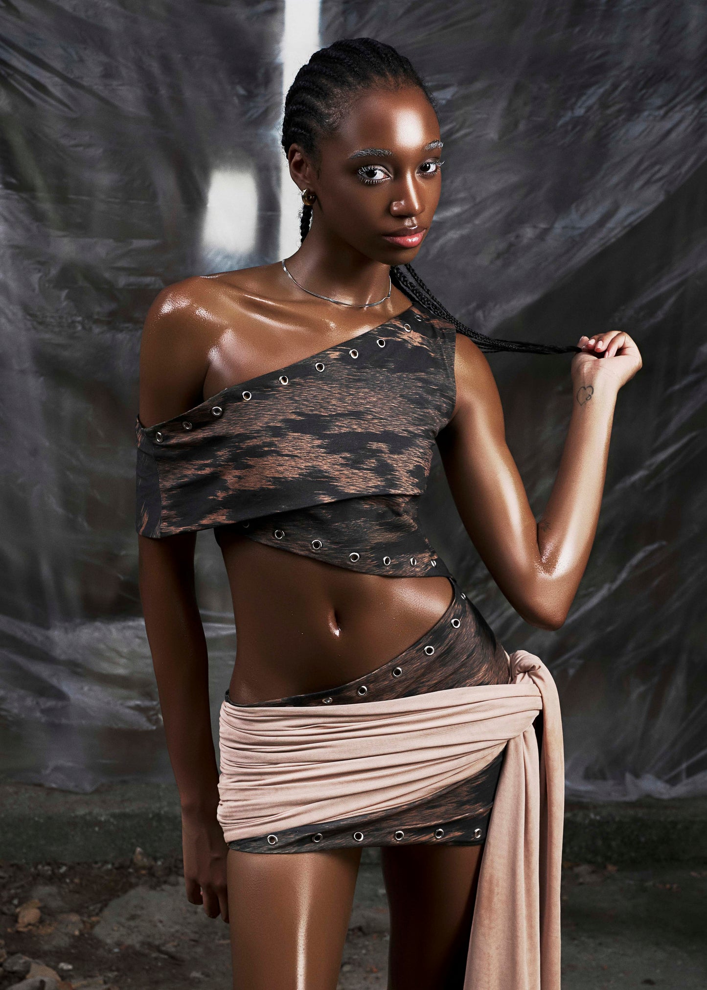 None Brown One Shoulder Cut Out Wrapped Hips Dress