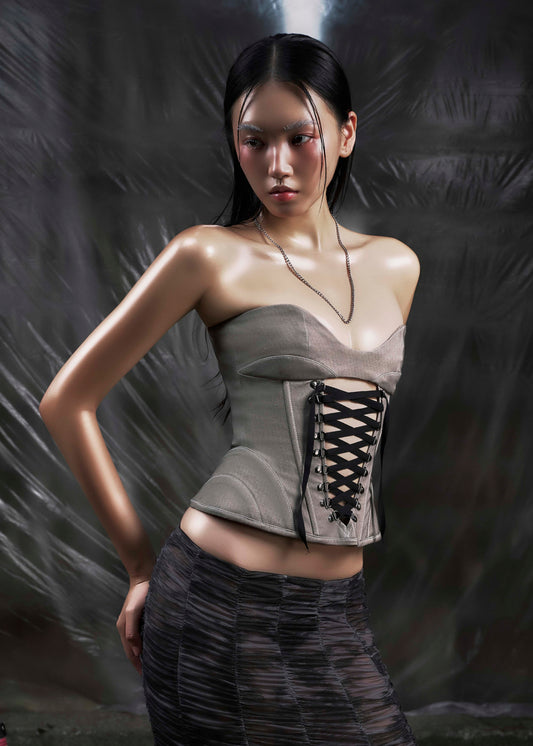 None Gray Lace Up Corset Tatichu Astoud